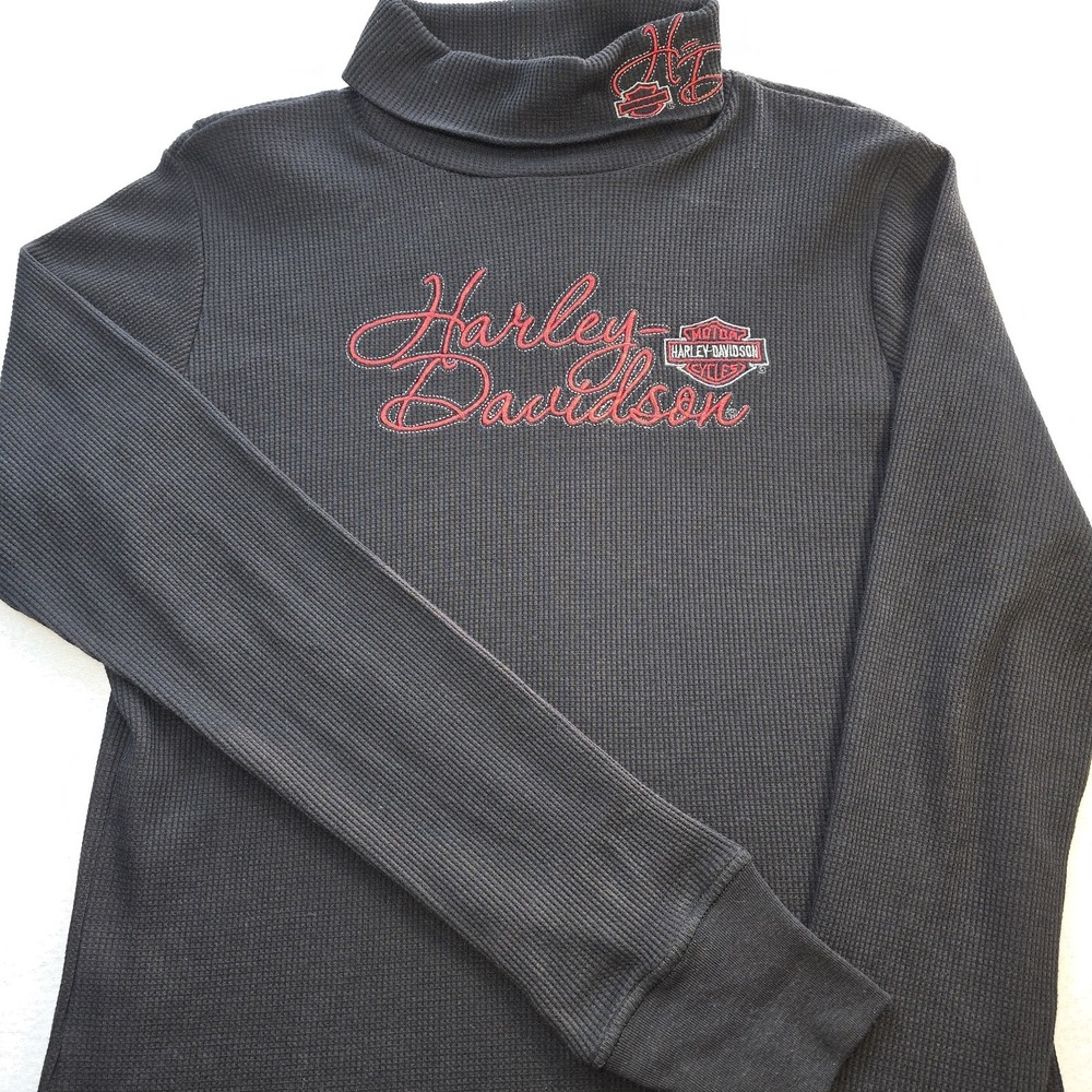Y2K Harley Davidson Waffle Knit Turtleneck Women XL Embroidered Bikercore Top...